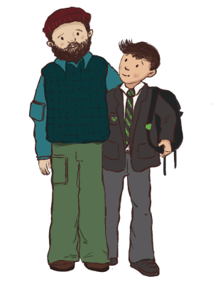 An illustration of a male parent/carer with his arm around his son who is wearing school uniform.