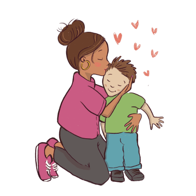 An illustration of a female parent or carer kneeling down and kissing her little boy on the top of his head.
